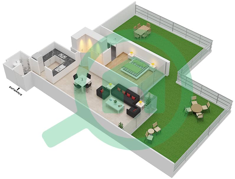 المخططات الطابقية لتصميم الوحدة 3 FLOOR 1 شقة 1 غرفة نوم - علياء ريزيدنس Floor 1 interactive3D