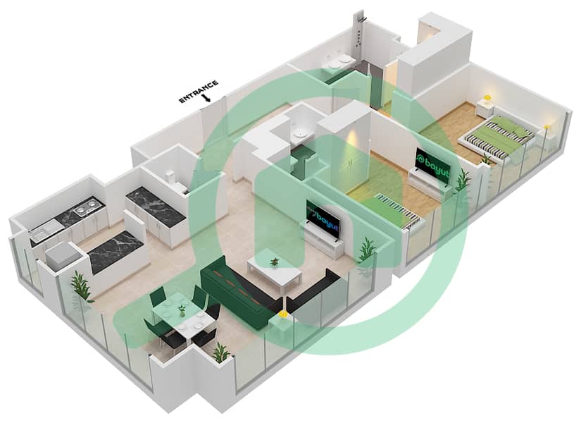 Резиденции Баньян Три - Апартамент 2 Cпальни планировка Тип 2D FLOOR 3 Floor 3 interactive3D
