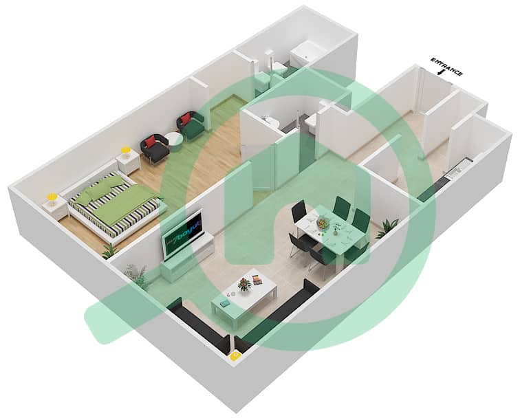 景观公寓大楼 - 1 卧室公寓类型A戶型图 interactive3D
