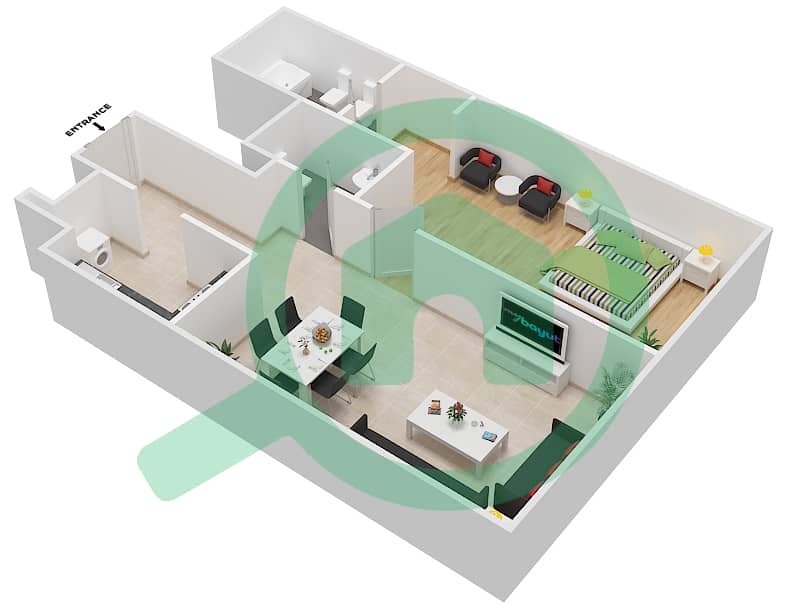 المخططات الطابقية لتصميم النموذج B شقة 1 غرفة نوم - ذا فيو interactive3D