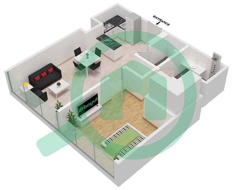 المخططات الطابقية لتصميم النموذج 1C FLOOR 2 شقة 1 غرفة نوم - بانيان تري ريزيدنسز Floor 2 interactive3D