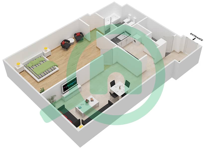 المخططات الطابقية لتصميم النموذج C شقة 1 غرفة نوم - ذا فيو interactive3D
