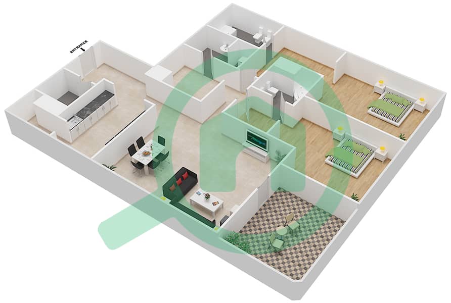 景观公寓大楼 - 2 卧室公寓类型B戶型图 interactive3D