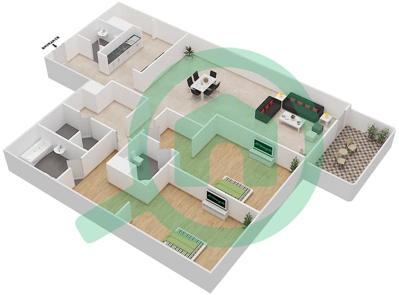 景观公寓大楼 - 2 卧室公寓类型A戶型图 interactive3D