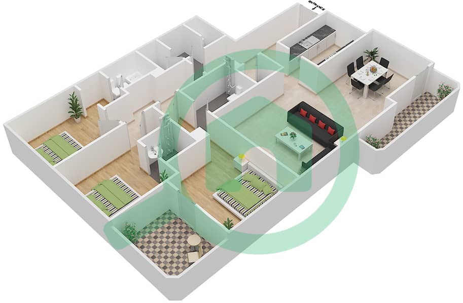 景观公寓大楼 - 3 卧室公寓类型C戶型图 interactive3D