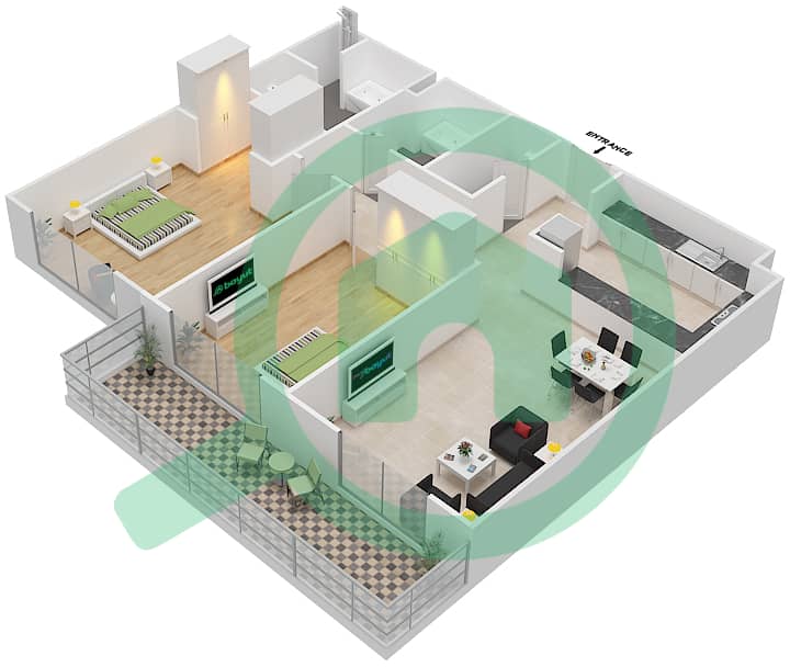 المخططات الطابقية لتصميم النموذج A شقة 2 غرفة نوم - بارتون هاوس ٢ interactive3D
