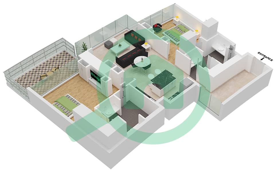 Cavalli Tower - 2 Bedroom Apartment Type TYPE-A1-LEVEL 12-22,31-37 Floor plan interactive3D