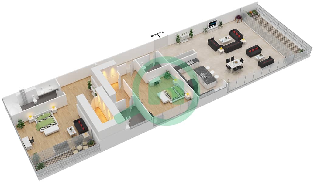 المخططات الطابقية لتصميم النموذج INTROVERT-E شقة 2 غرفة نوم - أشجار interactive3D