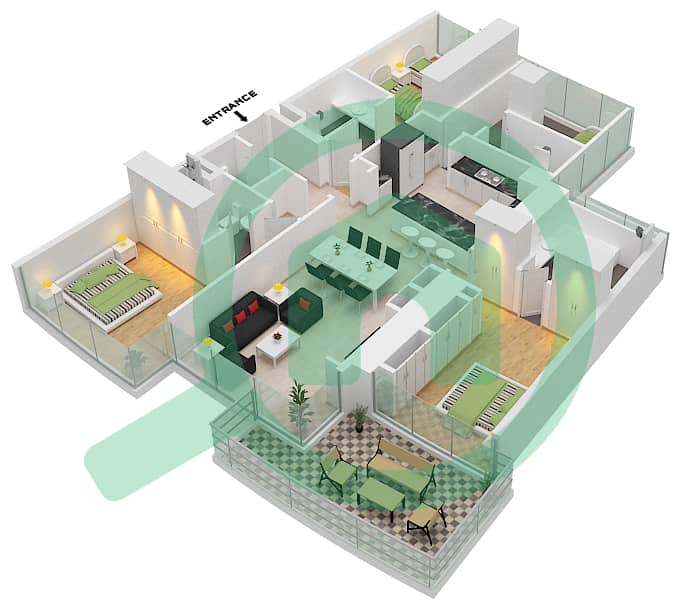 卡瓦利大厦 - 3 卧室公寓类型TYPE-A1-LEVEL 38-47戶型图 interactive3D