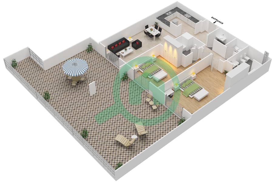 المخططات الطابقية لتصميم النموذج A شقة 2 غرفة نوم - فوكس هيل 7 interactive3D