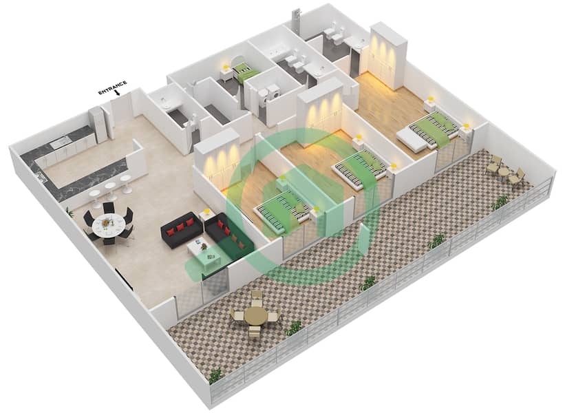 المخططات الطابقية لتصميم النموذج B شقة 3 غرف نوم - فوكس هيل 7 interactive3D