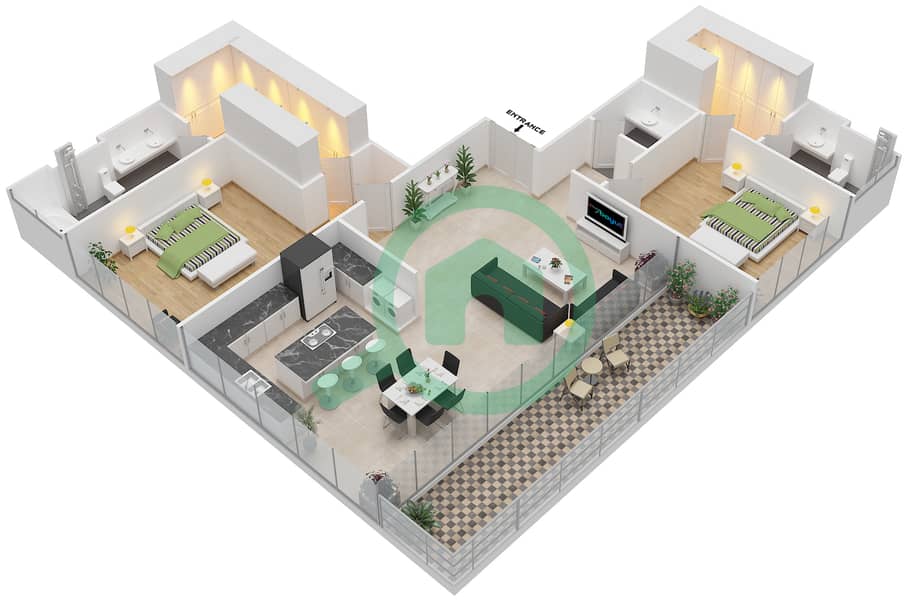 المخططات الطابقية لتصميم النموذج INTROVERT-F شقة 2 غرفة نوم - أشجار interactive3D