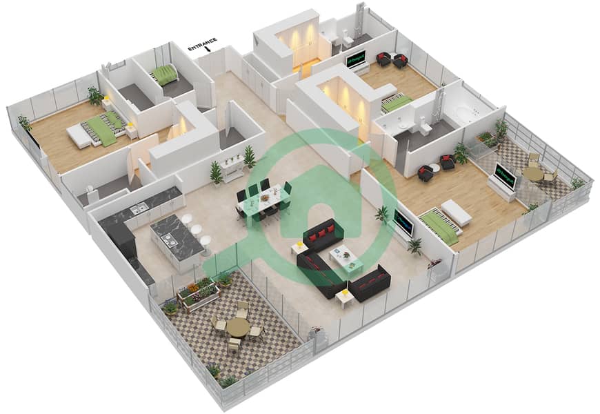 Ашджар - Апартамент 3 Cпальни планировка Тип CUBE-F interactive3D