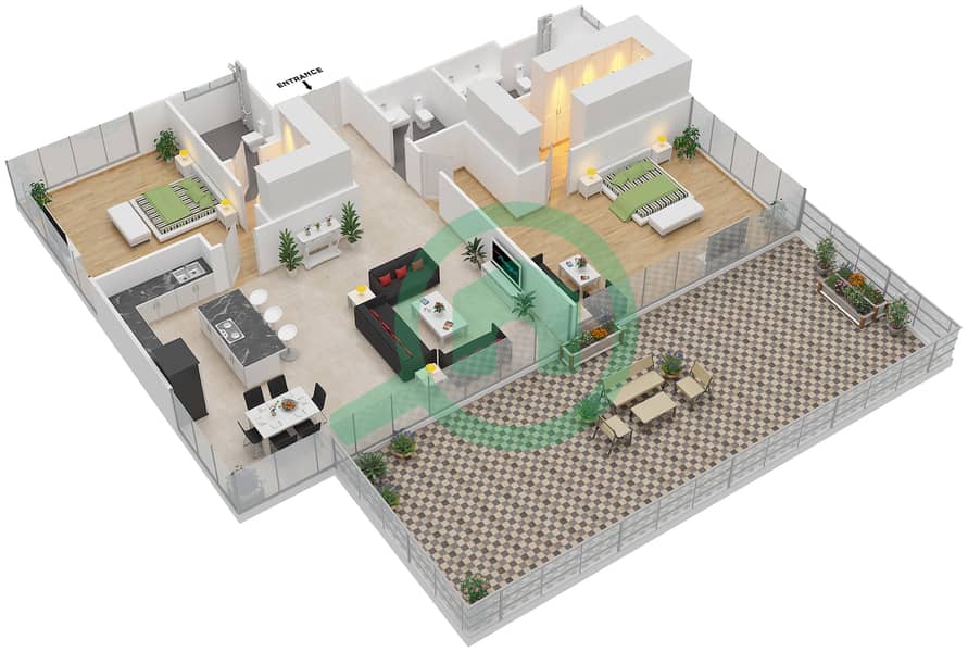 Ашджар - Апартамент 2 Cпальни планировка Тип CUBE-C interactive3D