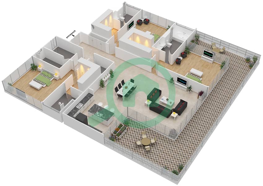 Ashjar - 3 Bedroom Apartment Type CUBE-E Floor plan interactive3D