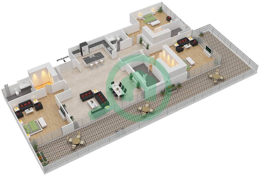 المخططات الطابقية لتصميم النموذج CUBE-D شقة 3 غرف نوم - أشجار interactive3D
