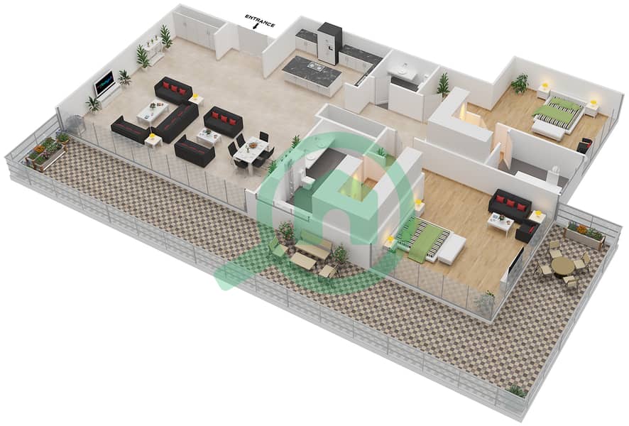 المخططات الطابقية لتصميم النموذج CUBE-A شقة 2 غرفة نوم - أشجار interactive3D