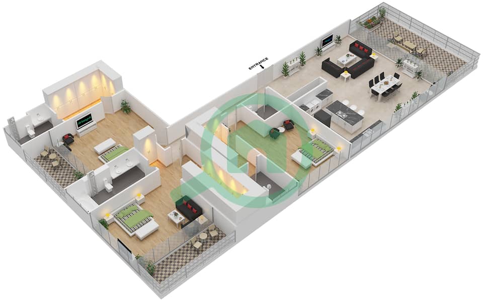 Ашджар - Апартамент 3 Cпальни планировка Тип INTROVERT-H interactive3D