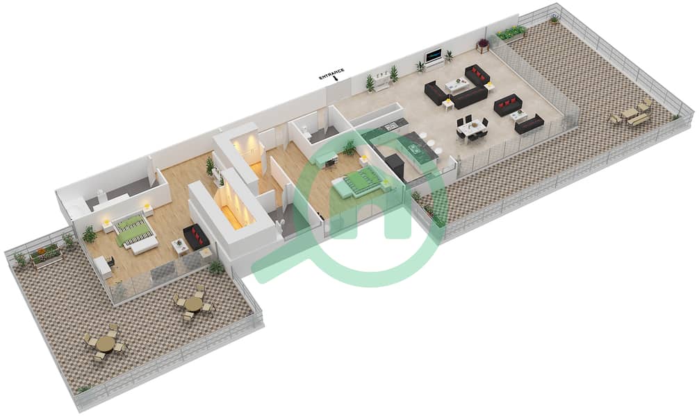 المخططات الطابقية لتصميم النموذج INTROVERT-D شقة 2 غرفة نوم - أشجار interactive3D