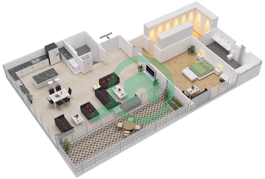 Ashjar - 1 Bedroom Apartment Type INTROVERT-B Floor plan interactive3D