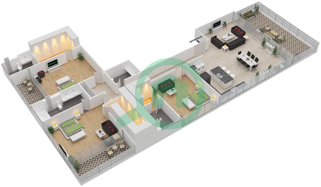 Ашджар - Апартамент 3 Cпальни планировка Тип INTROVERT-G interactive3D