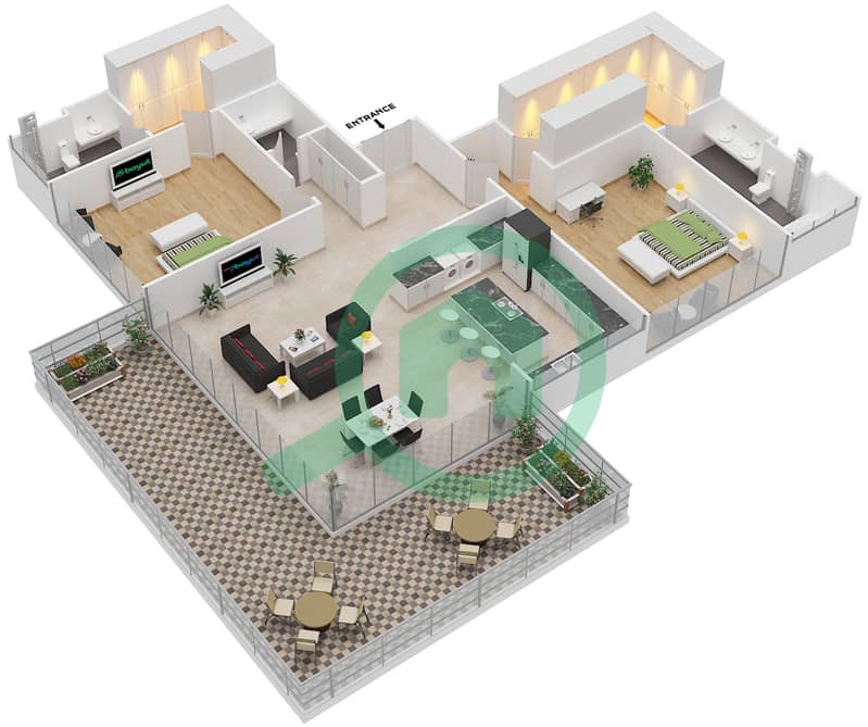 Ашджар - Апартамент 2 Cпальни планировка Тип INTROVERT-C interactive3D