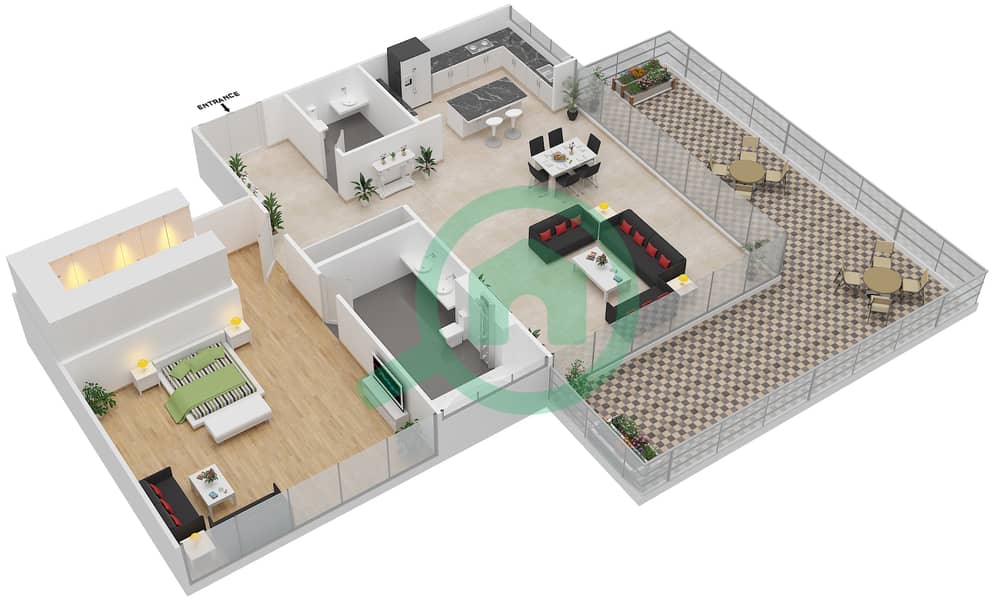 المخططات الطابقية لتصميم النموذج INTROVERT-A شقة 1 غرفة نوم - أشجار interactive3D