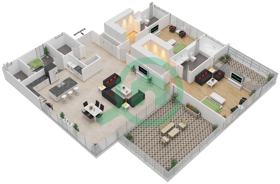 Ашджар - Апартамент 2 Cпальни планировка Тип CUBE-B interactive3D