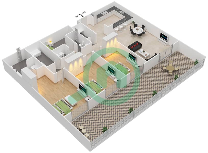 灵狐山庄4号楼 - 3 卧室公寓类型A戶型图 interactive3D