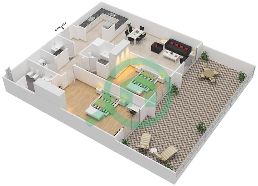 المخططات الطابقية لتصميم النموذج A شقة 2 غرفة نوم - فوكس هيل 9 interactive3D
