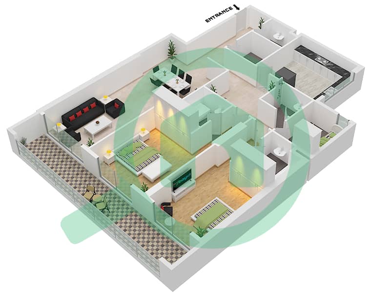 Трио Билдинг - Апартамент 2 Cпальни планировка Тип A interactive3D