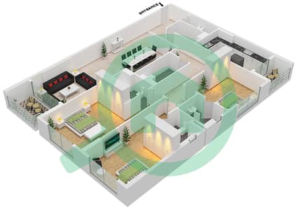 المخططات الطابقية لتصميم النموذج B شقة 3 غرف نوم - بناية تريو