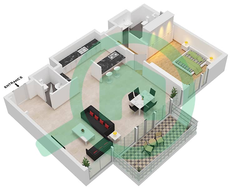 المخططات الطابقية لتصميم النموذج / الوحدة 1-2/4 شقة 1 غرفة نوم - بناية الشقق 1 Floor 3-7 interactive3D