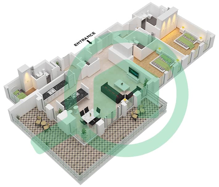 1号公寓楼 - 2 卧室公寓类型／单位2/5戶型图 Floor 1 interactive3D