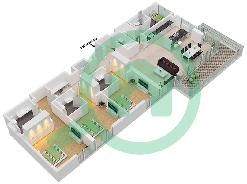 المخططات الطابقية لتصميم النموذج / الوحدة 2-5/1 شقة 3 غرف نوم - بناية الشقق 1 Floor 2-7 interactive3D