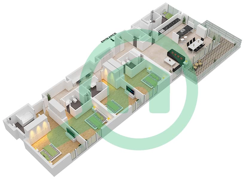 المخططات الطابقية لتصميم النموذج / الوحدة 1-2/6,7 شقة 4 غرف نوم - بناية الشقق 1 interactive3D