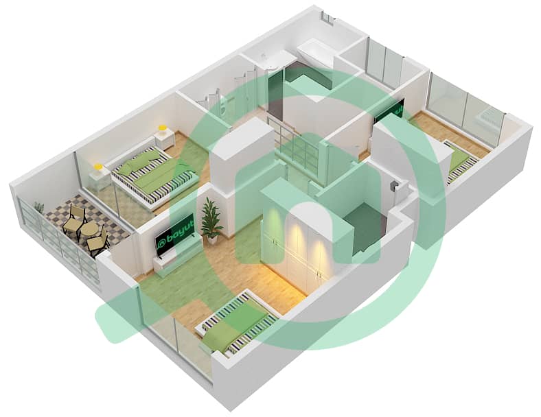 塔利亚别墅区 - 3 卧室联排别墅类型／单位A / UNIT TH-02戶型图 First Floor interactive3D