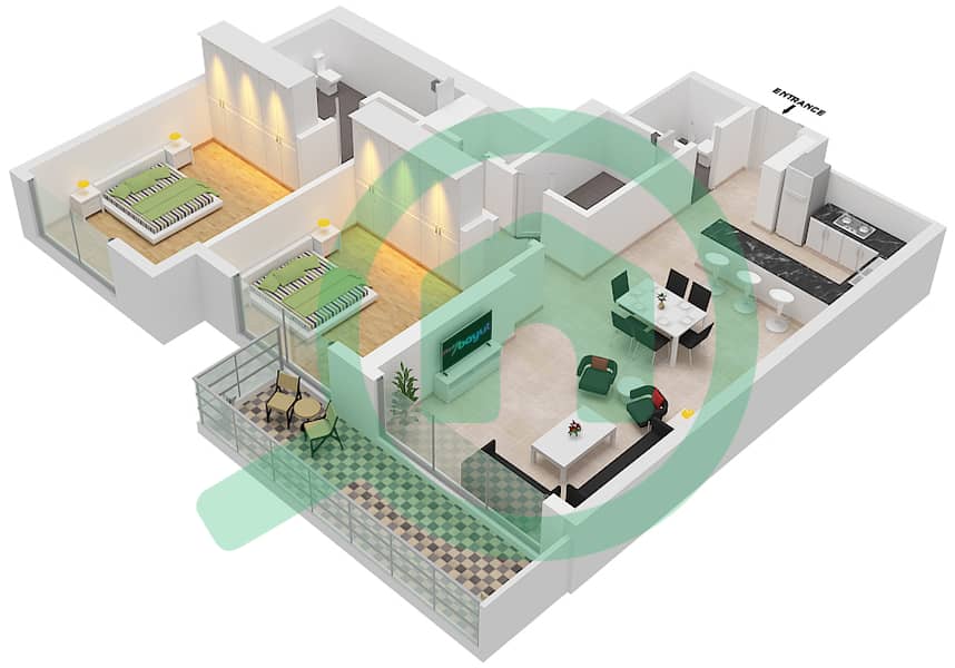 المخططات الطابقية لتصميم النموذج / الوحدة 03/7 شقة 2 غرفة نوم - لافي Floor1-10 interactive3D