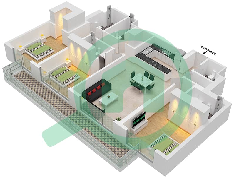 المخططات الطابقية لتصميم النموذج / الوحدة 2/2 شقة 3 غرف نوم - لافي Floor 23 interactive3D
