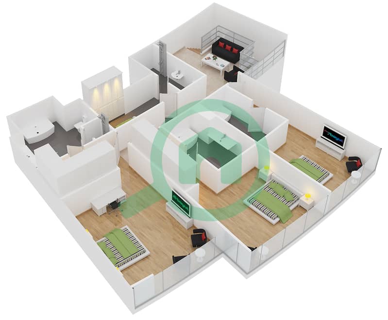 المخططات الطابقية لتصميم النموذج B بنتهاوس 4 غرف نوم - الفتان مارين تاورز Upper Floor interactive3D