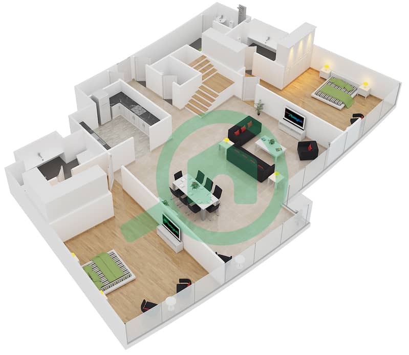 المخططات الطابقية لتصميم النموذج C بنتهاوس 4 غرف نوم - الفتان مارين تاورز Lower Floor interactive3D