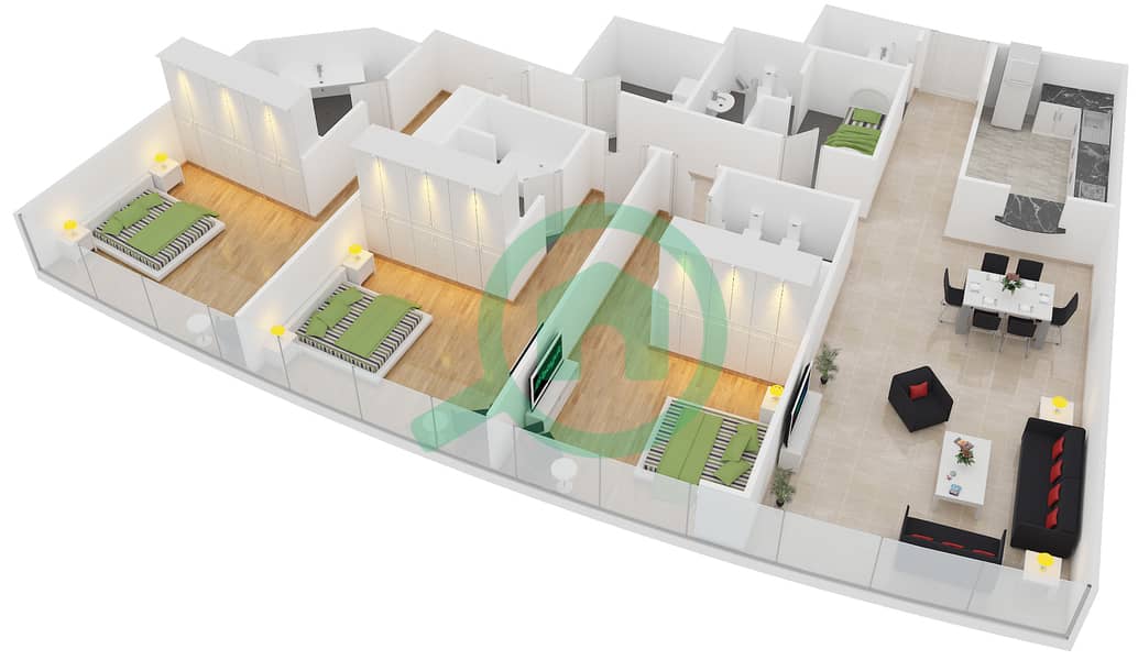 المخططات الطابقية لتصميم النموذج B2 شقة 3 غرف نوم - الفتان مارين تاورز interactive3D