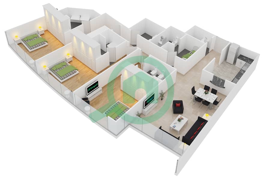 阿尔法坦海洋塔 - 3 卧室公寓类型B3戶型图 interactive3D
