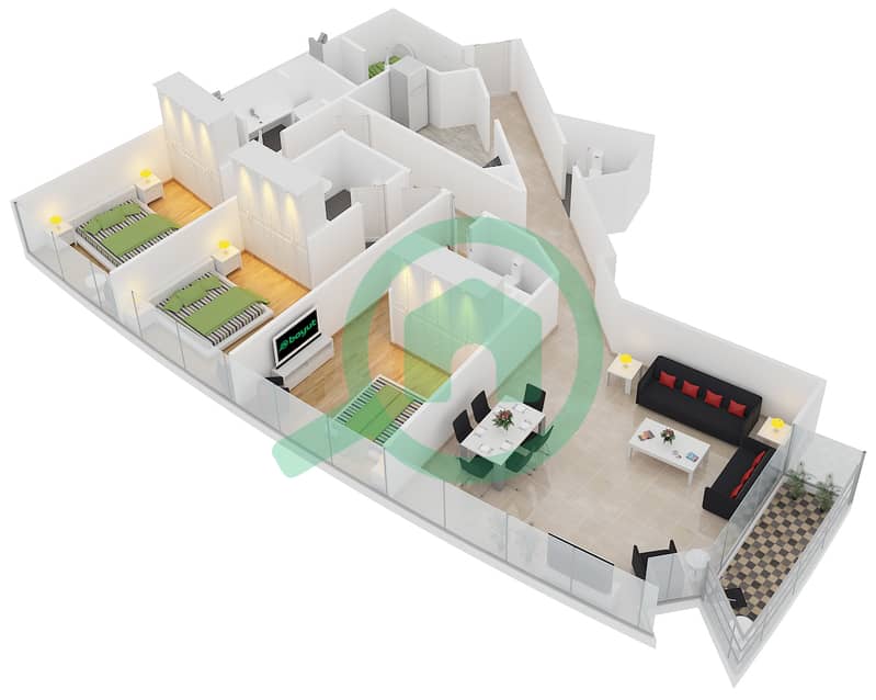 المخططات الطابقية لتصميم النموذج C1 شقة 3 غرف نوم - الفتان مارين تاورز interactive3D