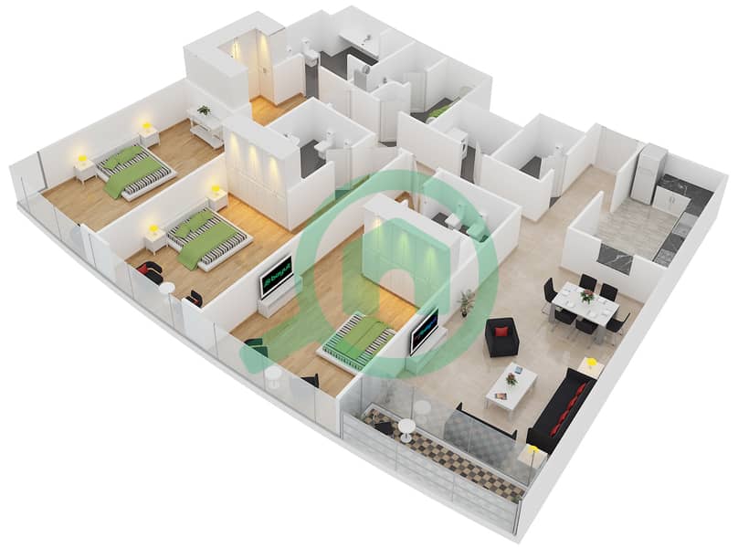 المخططات الطابقية لتصميم النموذج D1 شقة 3 غرف نوم - الفتان مارين تاورز interactive3D