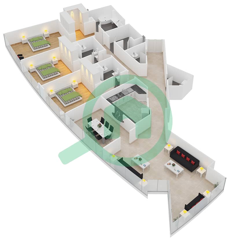 المخططات الطابقية لتصميم النموذج E1 شقة 3 غرف نوم - الفتان مارين تاورز interactive3D