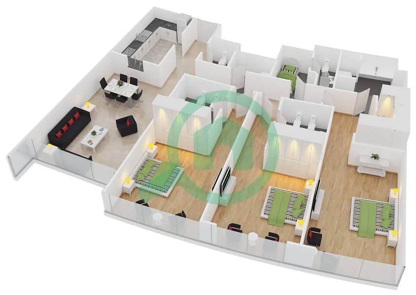 المخططات الطابقية لتصميم النموذج A3 شقة 3 غرف نوم - الفتان مارين تاورز interactive3D