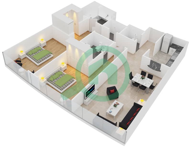 Аль Фаттан Марин Тауэрс - Апартамент 2 Cпальни планировка Тип A3 interactive3D