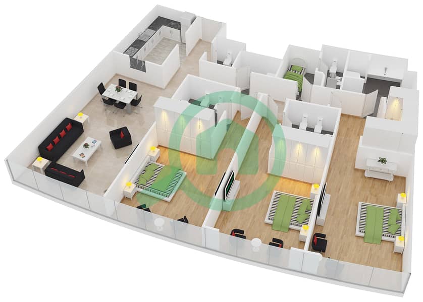 Аль Фаттан Марин Тауэрс - Апартамент 3 Cпальни планировка Тип A2 interactive3D