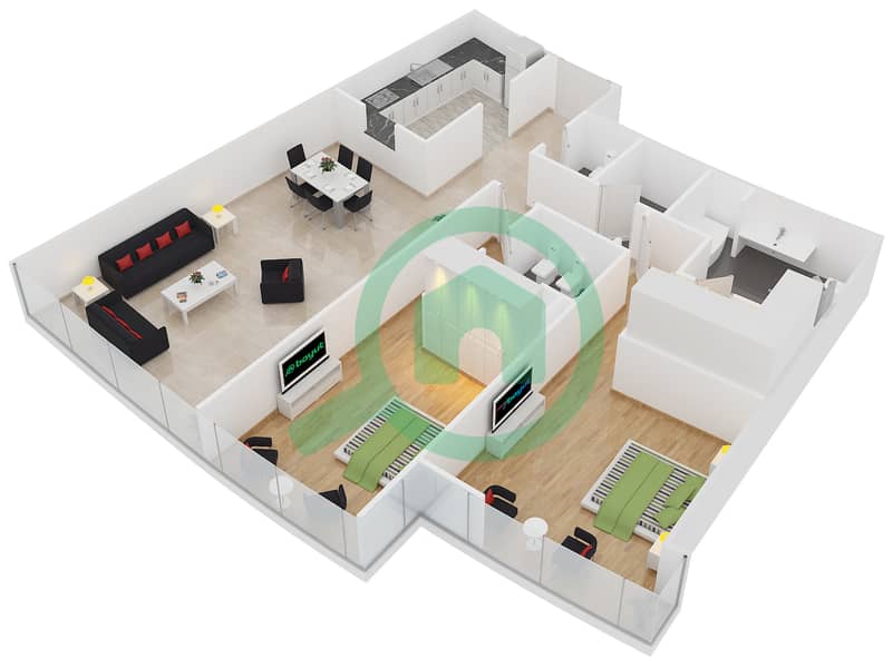 المخططات الطابقية لتصميم النموذج A2 شقة 2 غرفة نوم - الفتان مارين تاورز interactive3D